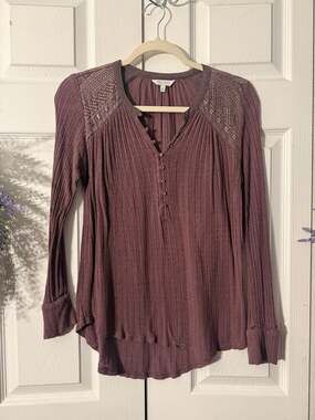 Lucky Brand Purple Ribbed Knit Henley Top with Intricate Embroidered Shoulder De